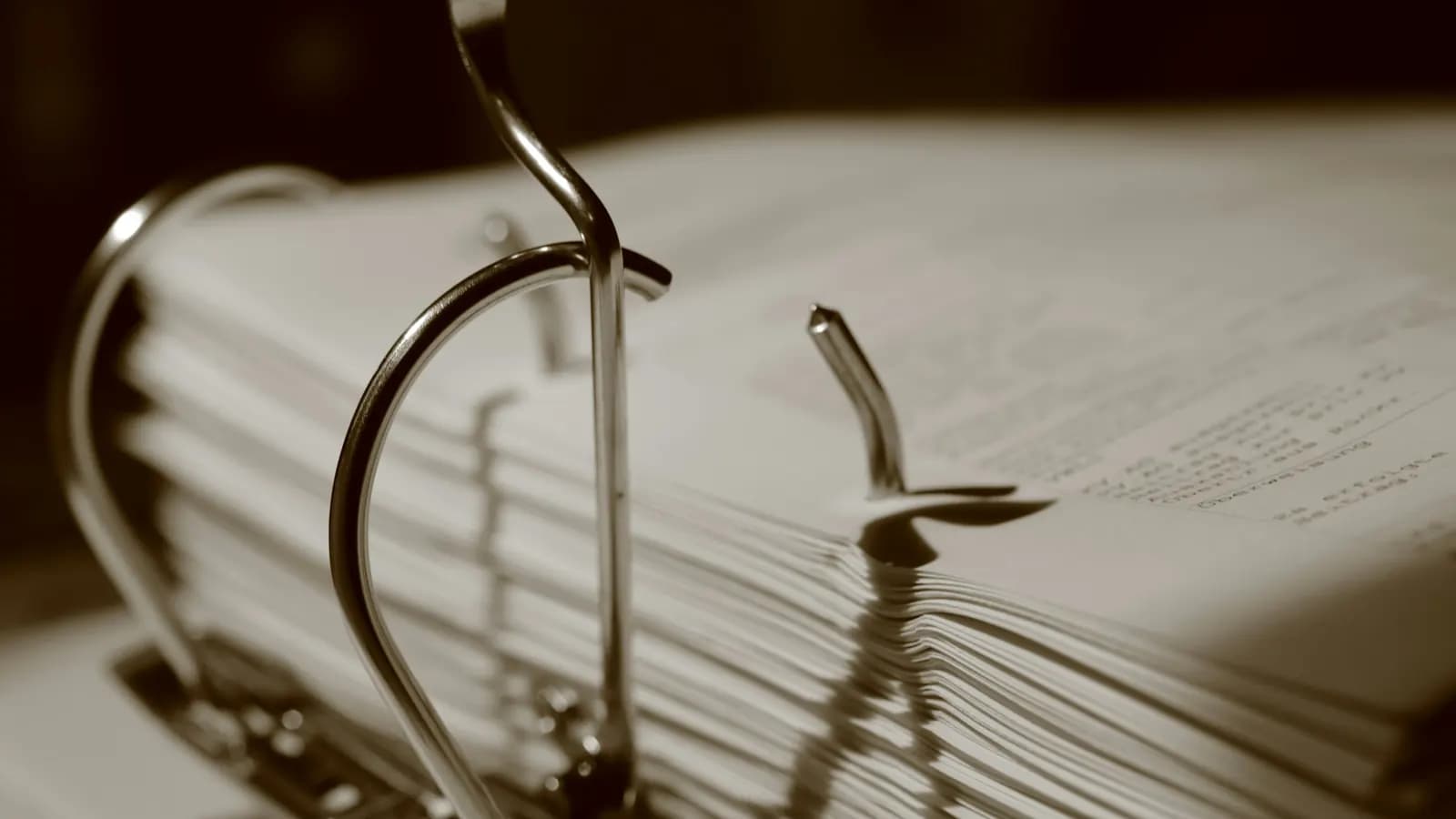 The open rings of a lever arch file holding a thick stack of papers