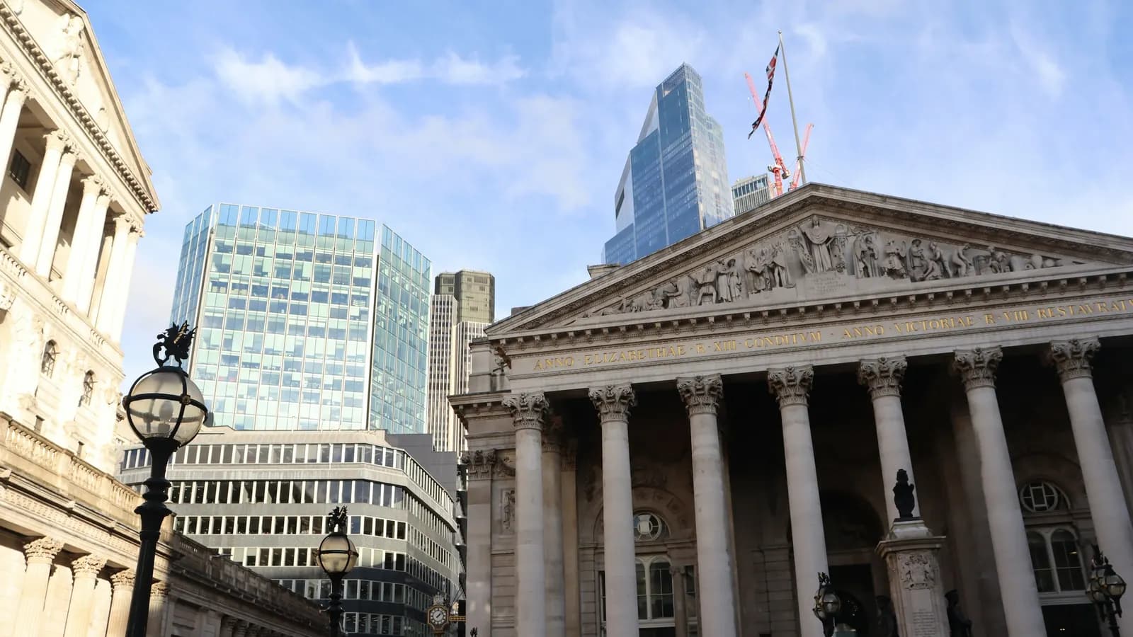 The Royal Exchange and neighbouring buildings at Bank junction in the City of London